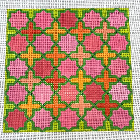 KDTS Apr24 - Moroccan Tiles – Crosses & Stars in pinks, oranges w/ greens (stitch guide in notebook), SKU #PL-140