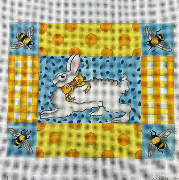 KDTS Apr24 - Kelly Rightsell – Running Bunny with Bees, Gingham & Polka Dots – yellows, oranges & blues , SKU #KR-PL-10