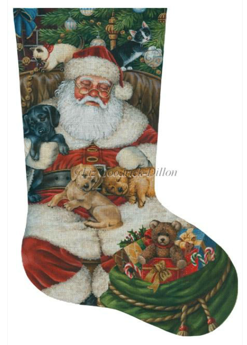 LGDAXS460 - Sleeping Santa with Puppies & Kittens Stocking