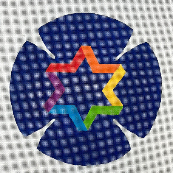 KDTS Apr24 - Kippah – Rainbow Star of David – multi on deep blue , SKU #KIP-01