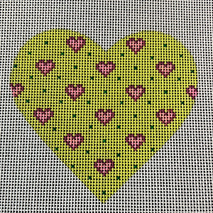 KDTS Apr24 - Mini Heart – Baby Hearts – pinks on lime (October) (stitch guide in notebook), SKU #OM-14