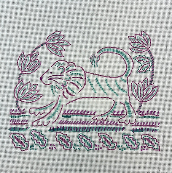 KDTS Apr24 - Jilly Walsh – Indian Textile-inspired Lion w/ Tulips & Leaves , SKU #JW-PL-22