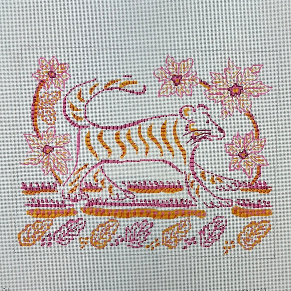KDTS Apr24 - Jilly Walsh – Indian Textile-inspired Tiger w/ Flowers & Leaves, SKU #JW-PL-21
