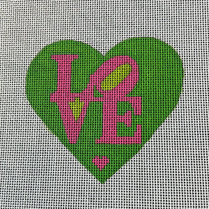 KDTS Apr24 - Mini Heart – Robt. Indiana style LOVE – flamingo on kelly w/ lime (February) (stitch guide in notebook), SKU #OM-06
