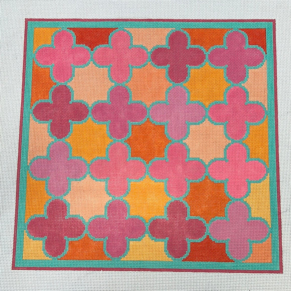 KDTS Apr24 - Moroccan Tiles – Quatrefoils in pinks, oranges w/ turquoise (stitch guide in notebook), SKU #PL-139