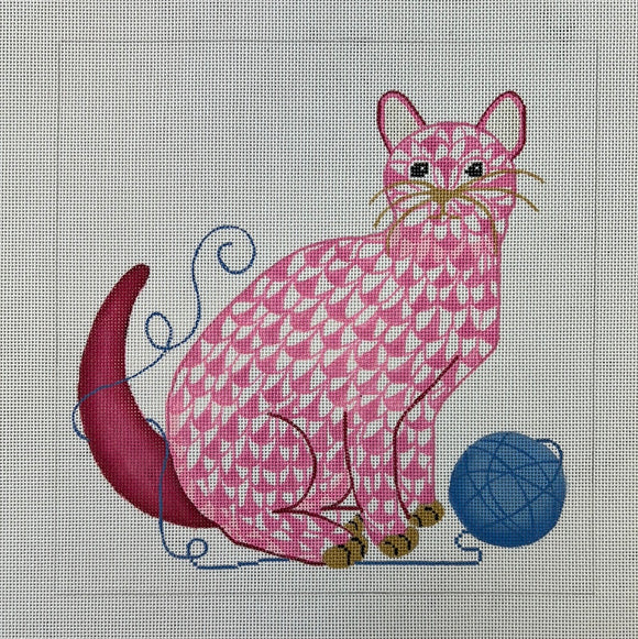 KDTS Apr24 - Herend-inspired Fishnet Cat w/ Ball of Yarn – pink & blue w/ gold, SKU #PL-513
