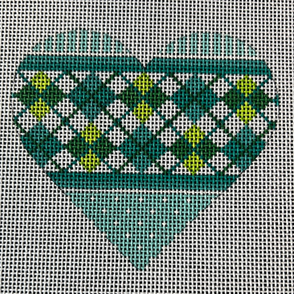 KDTS Apr24 - Mini Heart – Argyle – soft turquoise & greens, SKU #OM-21