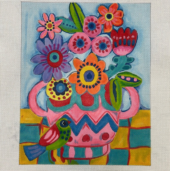 KDTS Apr24 - Julia Eves – Flowers in Pink & Blue Vase w/ Green Bird  , SKU #JE-PL-12