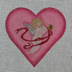KDTS Apr24 - Valentine Mini Heart – Cherub With Horn & Ribbon – pinks, red, silver & gold  , SKU #OM-254