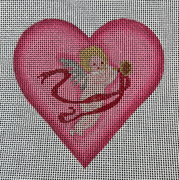KDTS Apr24 - Valentine Mini Heart – Cherub With Horn & Ribbon – pinks, red, silver & gold  , SKU #OM-254