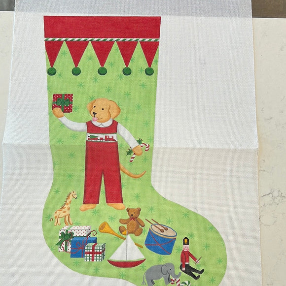 KDTS Apr24 - Kelly Rightsell Stocking – Yellow Dog Boy in Red Overalls    , SKU #KR-STK-01