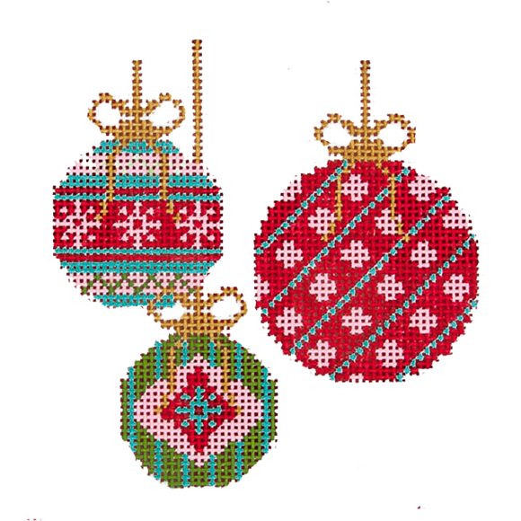 3 Christmas Baubles Ornament Needlepoint Canvas - 18 Mesh, 4” Round