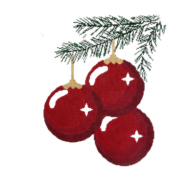 3 Ornaments on Branch Canvas - 18 Mesh, Christmas Design