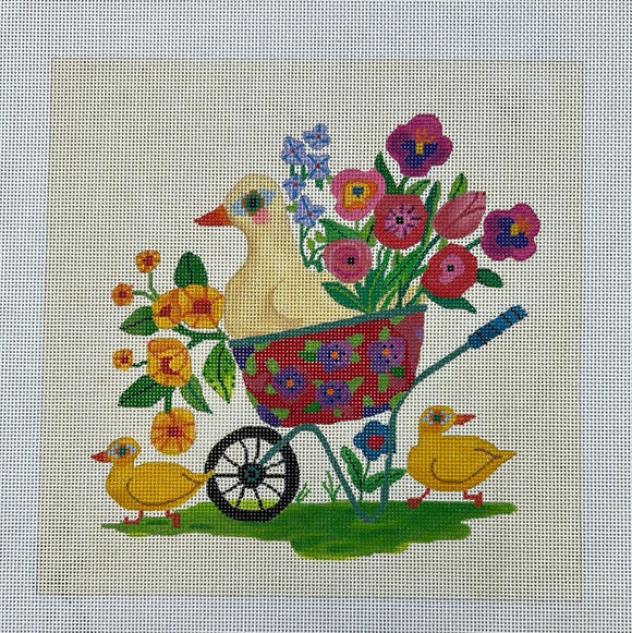 KDTS Apr24 - Shannon Snow – Spring Wheelbarrow w/ Ducks & Flowers – on cream , SKU #SHS-PL-11
