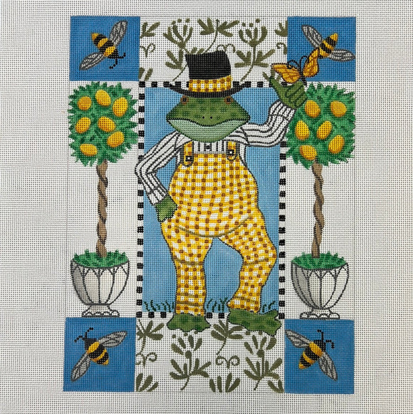 KDTS Apr24 - Kelly Rightsell – Frog in Yellow Gingham Overalls with Bees & Lemon Topiaries , SKU #KR-PL-21