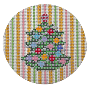 Christmas Tree on Pink Stripes Needlepoint Canvas - 4" Round, 13 Mesh