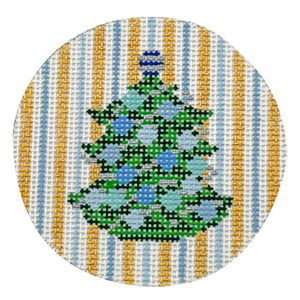 Christmas Tree with Blue Stripes Needlepoint Canvas - 4" Round, 13 Mesh