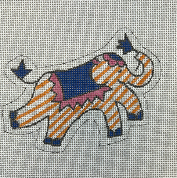 KDTS Apr24 - Jilly Walsh Ornament/Mini – Elephant – Orange Stripes w/ Periwinkle & Pink , SKU #JW-OM-05