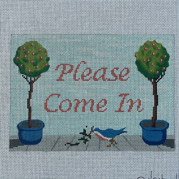 KDTS Apr24 - “Please Come In” Topiaries in Blue Pots & Bluebird w/ Coral Lettering on Sky, SKU #DH-13