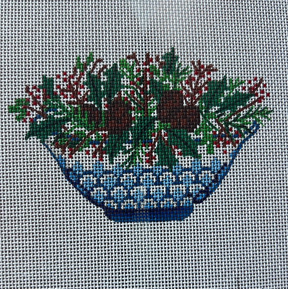 KDTS Apr24 - Christmas Ornament – Chinese Bowl – Blue & White w/ Greenery, Pine Cones & Red Berries, SKU #XM-156