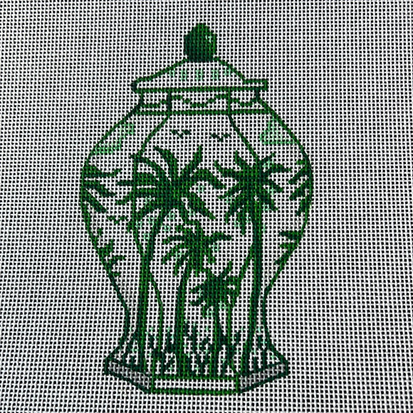 KDTS Apr24 - Mini Chinese Vase – Tall Green & White w/ Palm Trees & Coconuts     , SKU #OM-336