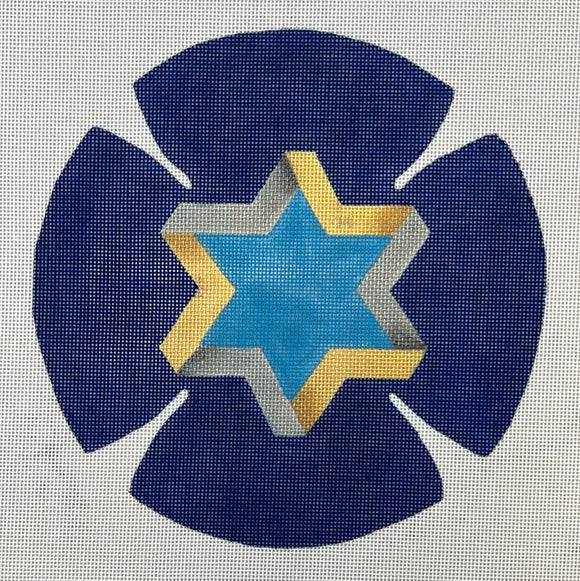KDTS Apr24 - Kippah – Star of David – golds & silvers on deep blue , SKU #KIP-04
