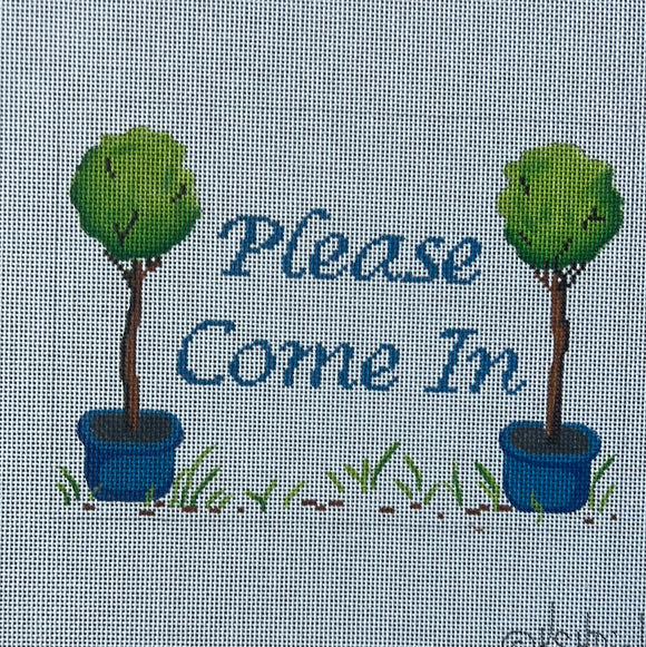 KDTS Apr24 - “Please Come In” Topiaries in Blue Pots w/ Blue Lettering on White, SKU #DH-14