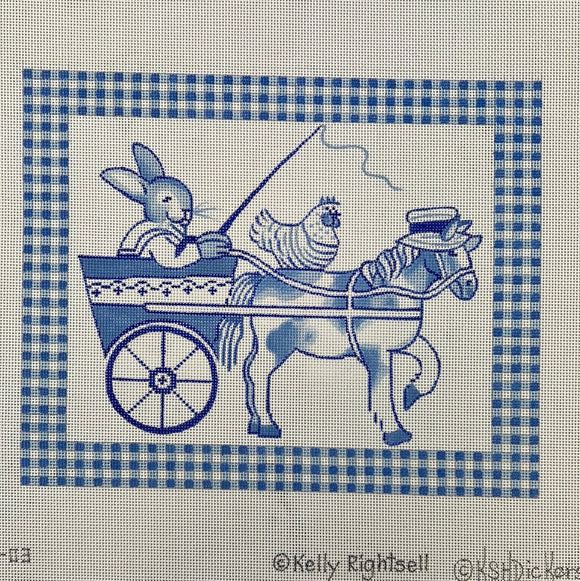 KDTS Apr24 - Kelly Rightsell – Blue Toile Bunny in Cart with Horse & Hen, Blue Gingham , SKU #KR-PL-03