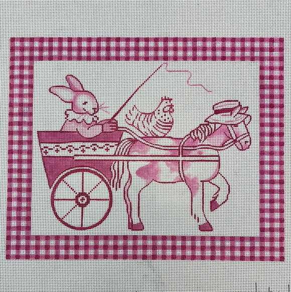 KDTS Apr24 - Kelly Rightsell – Pink Toile Bunny in Cart with Horse & Hen, Pink Gingham Border  , SKU #KR-PL-04