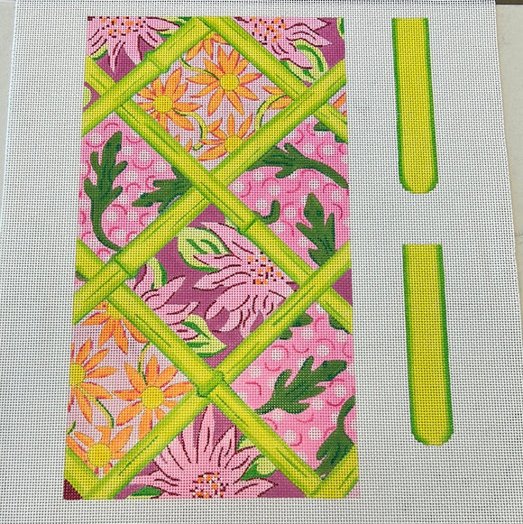 KDTS Apr24 -  Envelope Clutch w/ Sides – Lilly-inspired Patchwork w/ Bamboo – pinks, greens & tangerine , SKU #CLE-01