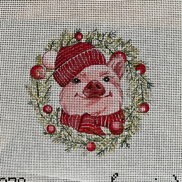 Pink Pig with Red Hat and Wreath