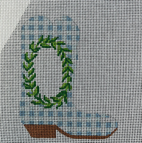 KDTS Apr24 - Mini Cowgirl Boot – Greenery Wreath on Blue Gingham w/ Monogram Space    , SKU #OM-389