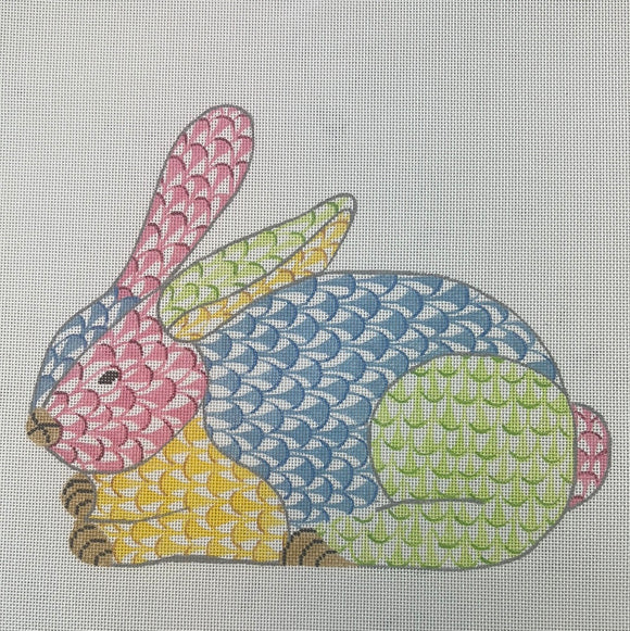 KDTS Apr24 - Herend-inspired Fishnet Bunny w/ Bow – Crouching Pink Bunny w/ Lime Bow   , SKU #SST-336