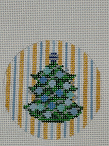 4" Christmas round - Tree with Blue Stripes