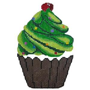 Christmas Cupcake - Green/White Needlepoint Canvas - 18 Mesh, 4” x 2.5”