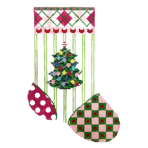 Christmas Mini Sock with Pink Stripes and Tree Needlepoint Canvas - 7.5" x 5", 18 Mesh