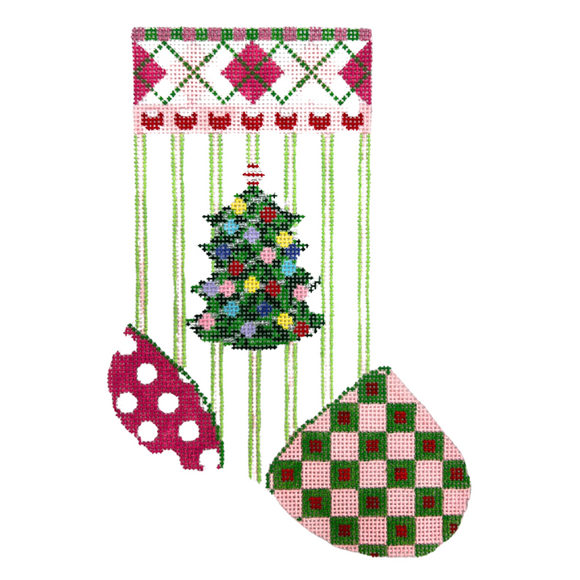 Christmas Mini Sock with Pink Stripes and Tree Needlepoint Canvas - 7.5