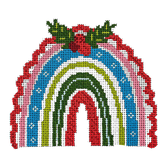 Christmas Rainbow - Holly Needlepoint Canvas - 4.5” x 4.5”, 18 Mesh