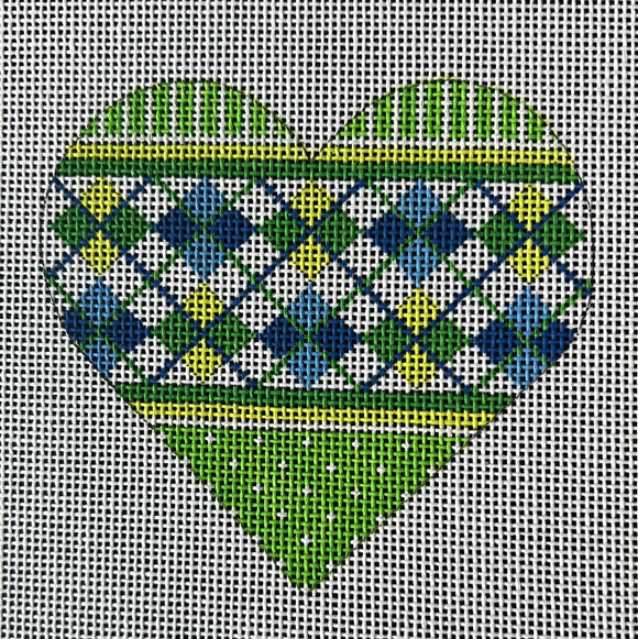 KDTS Apr24 - Mini Heart – Argyle – bright blues & greens, SKU #OM-25
