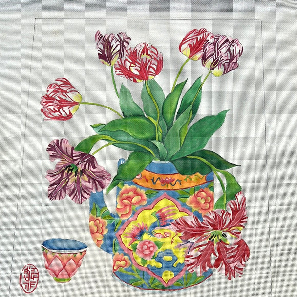 KDTS Apr24 - Gabby Malpas – Tulips in a Peranakan Teapot w/ Cup   , SKU #GM-PL-08