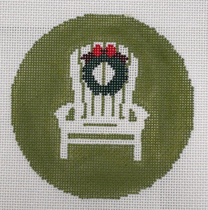 Adirondack Chair with Wreath on Green Needlepoint Canvas – 4" Round, 18 Mesh