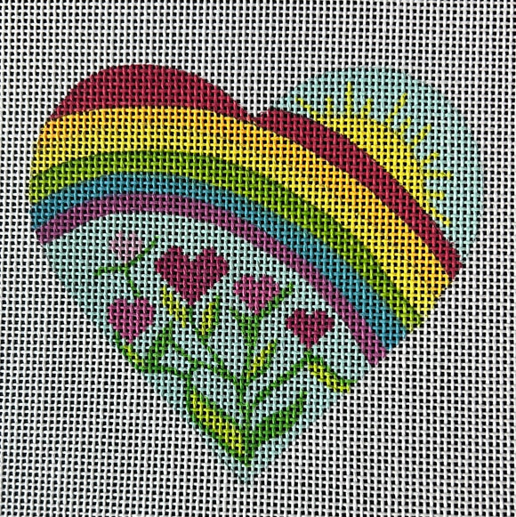KDTS Apr24 - Mini Heart – Rainbow w/ Heart Flowers – multi on light aqua, SKU #OM-19