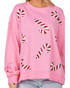 Pink Candy Canes Sequin Sweatshirt - M/L, Medium/Large