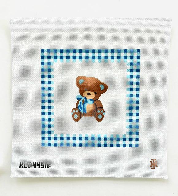 KCDTS Teddy Bear with Gingham Border Pillow - Blue