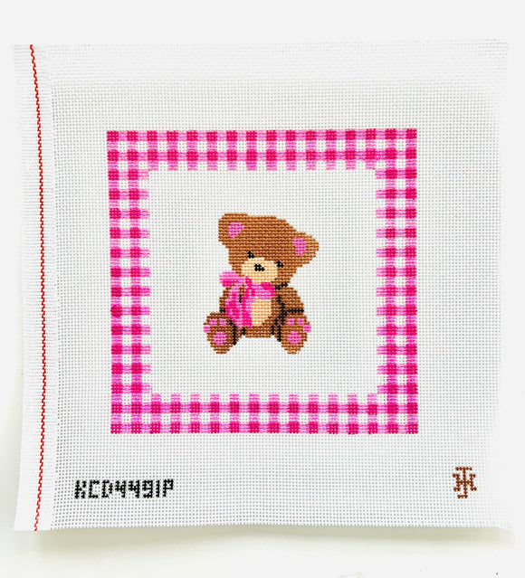 KCDTS Teddy Bear with Gingham Border Pillow - Pink