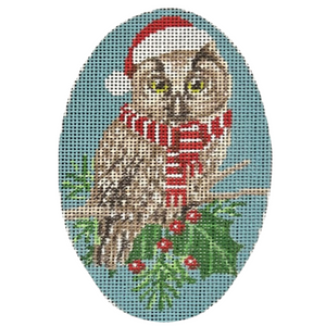 Owl with Scarf on Blue Needlepoint Canvas - 3" x 5", 18 Mesh