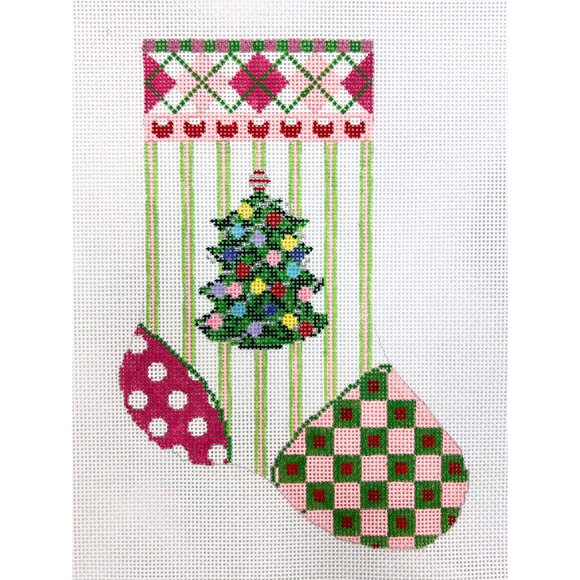 Christmas Mini Sock with Pink Stripes and Tree