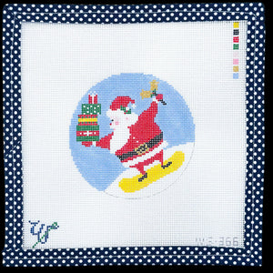 Snowboard Santa Needlepoint Canvas - 4" Round, 18 Mesh