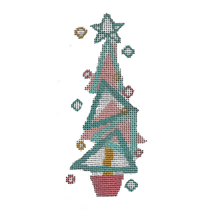 Teal Geometric Tree Needlepoint Canvas - 2.5" x 5.5", 18 Mesh