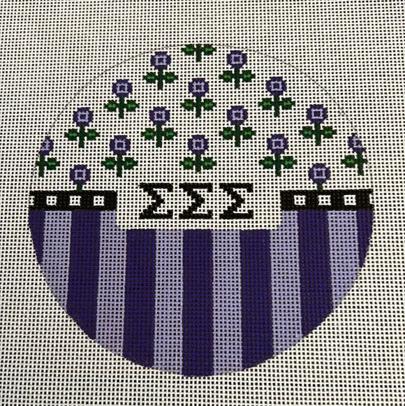 Sigma Sigma Sigma - Round w/flowers, stripes, greek letters
